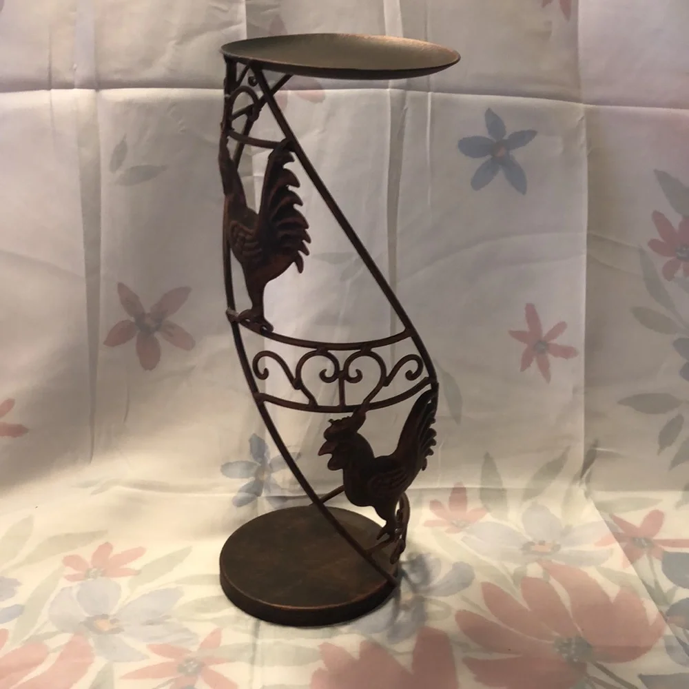 Three Stackable Rooster Motif Pillar Candle Holders 16.5x6”, 13.75x5”& 12x4.25”